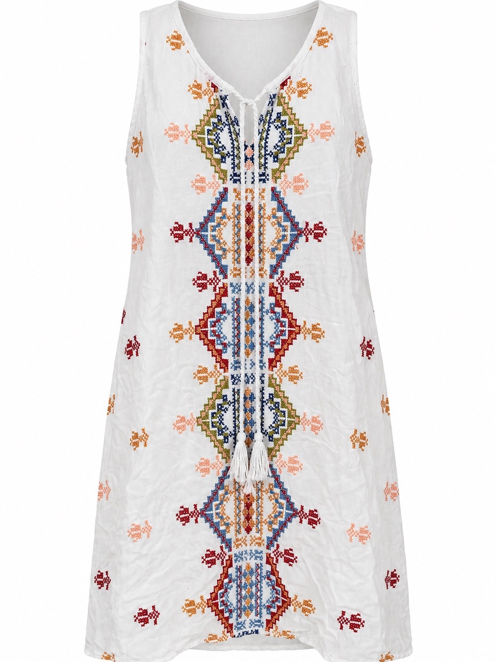 White Sleeveless Cotton Embroidered Mini Dress with Tassel Tie Size M, Boho